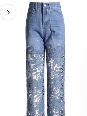 High-Rise Blue Lace-Panel Wide Leg Jeans